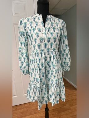 Madison Mathews XS Blue Green Block Print Tiered Dress Cotton